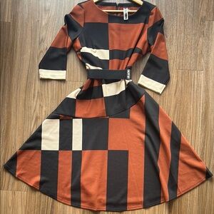 Julian Taylor Black and Brown Geometric Long Sleeve Dress